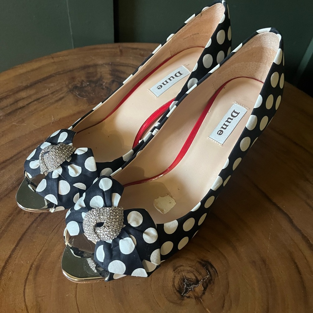 Dune Black and White Polka Dot Heels with Bow